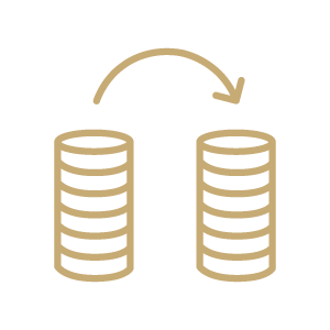 Gold outline of two stacks of coins with an arrow pointing from one stack to the other.