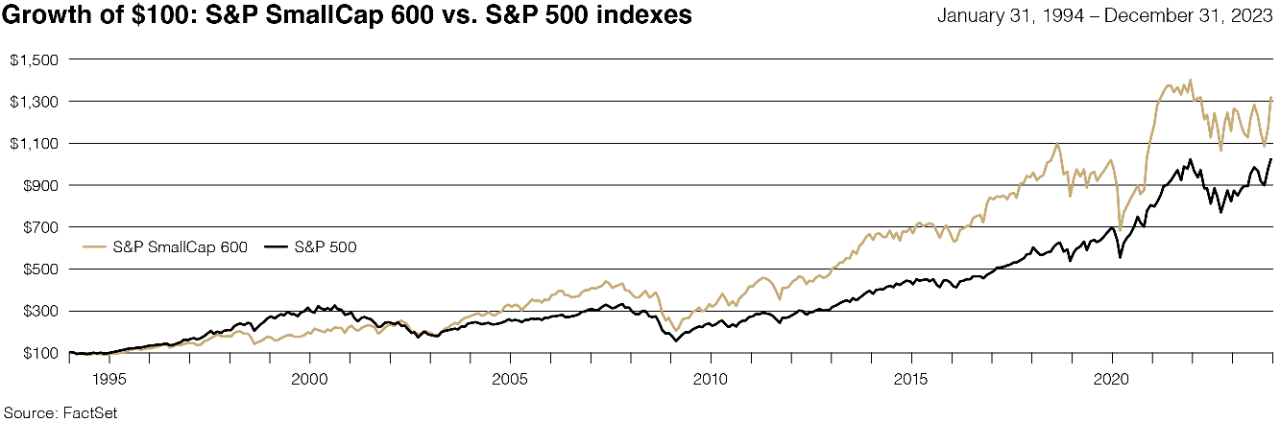 Chart depicting the growth of $100 in the S&P SmallCap 600 Index vs the S&P 500 Index