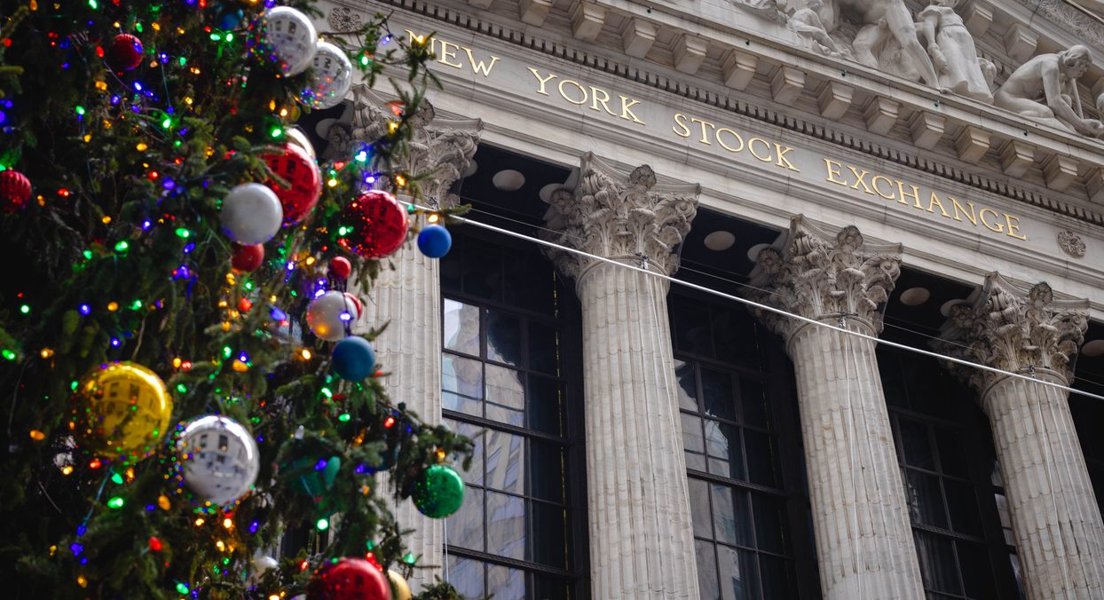 New York Stock Exchange with holiday decorations in foreground