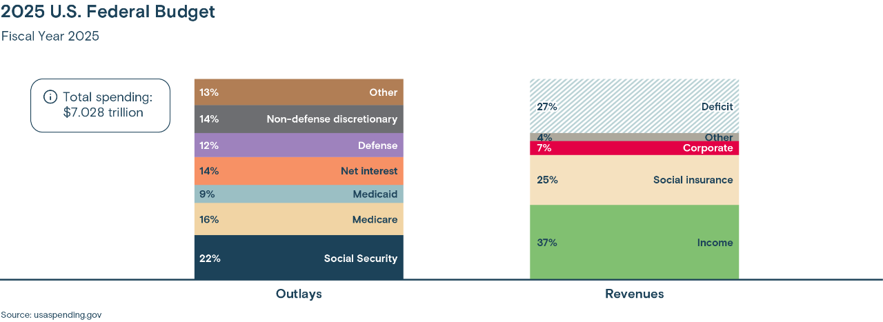This 2025 U.S. Federal Budget chart shows fiscal year 2025 budget outlays and revenues as percentages of total spending and revenue, respectively.
