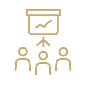 Gold outline of a three people watching a presentation.