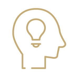 Gold outline of a head with a lightbulb within it.