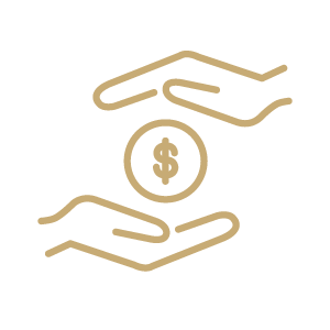 Gold outline of two hands above and below a coin.